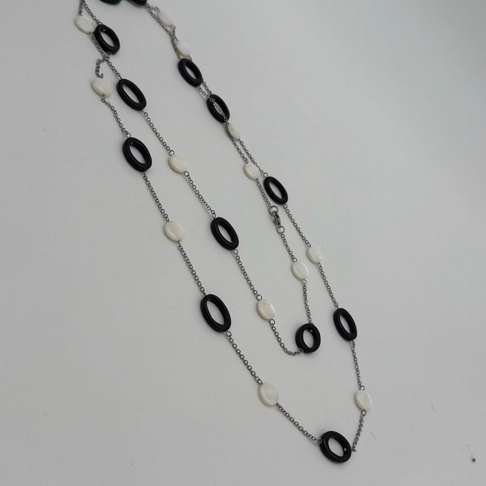 Long 51” Black Onyx‎ & Mother of Pearl Necklace Silver Tone Layering Strand